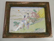 ANTIQUE CHINESE ETCHED COPPER FRAME HAND PAINTED LANDSCAPE ENAMEL TRAY PLATE