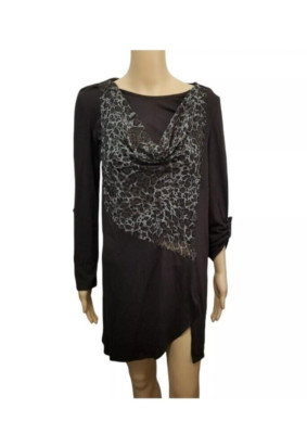 TRIBAL Dress Small Brown Expresso Roll Tab Front Split Pullover Animal Print