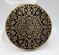 Vintage Stratton England Black & Gold Floral Indian Jewel Enamel Round Compact