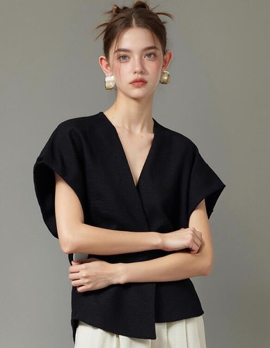2025 Fashion Lady Summer Women V Neck Asymmetrical Shirt Blouse with Vest Tops - Picture 6 of 11