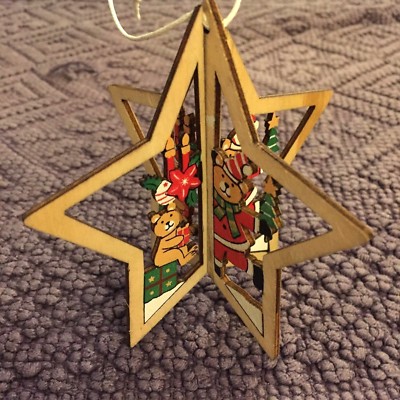 3-D Wooden Star-Shaped Christmas Ornament w/Painted Bear Santa Buy $20=Free Ship