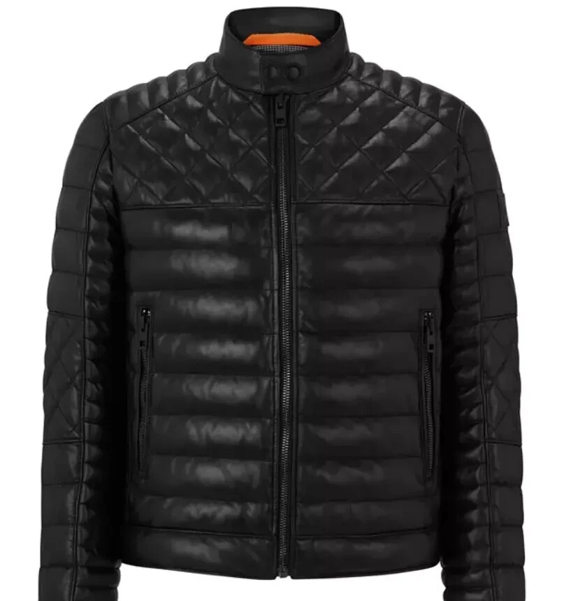 Chaqueta de cuero negra Napa inspirada en Hugo Boss corte moderno cuello alto XS-3XL