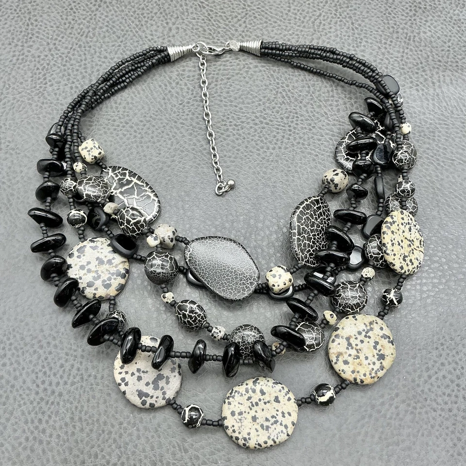 Chico's Multi Strand Statement Necklace Black White Crackle Beads Bib Collar - Image 2 of 4
