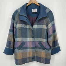 Avoca Coat Women's Size S Blue Purple Plaid Print Wool Cashmere Made in Ireland
