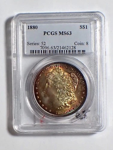 1880 Toned Morgan PCGS MS63  Rainbow Toning   MDT 26 003