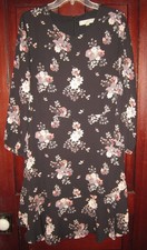 Ann Taylor Loft 10 Dress A-Line Flare Ruffle Floral Print Midi 3/4 Sleeve Black