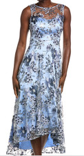 Eliza J Lace Floral Embroidered Dress Gown Illusion Yoke Blue Size 8 Petite