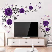 Supzone Purple Rose Wall Stickers Rose Flower Vine Wall Decal Purple Peony Fl...