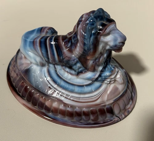 Imperial Glass  Purple Slag Glass Lion Lid