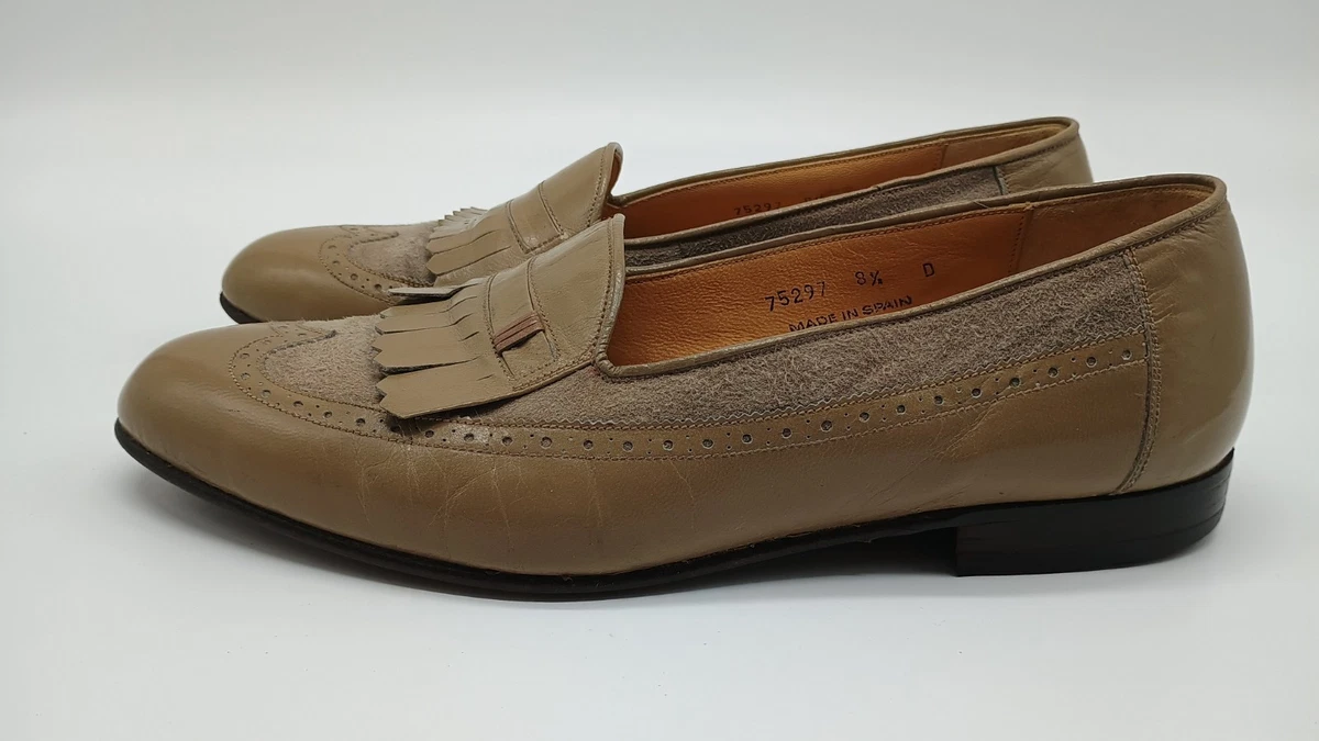 Florsheim Mens 12M Beige Linen Oxford Dress Shoes Leather Trim Casual Florsheim Newtown Plain Toe Oxfords, Cognac - Tan | Casual  main image 4