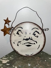 Vtg Folk Art Moon Face Wall Hanging, Primitive Rustic Halloween Man in the Moon 