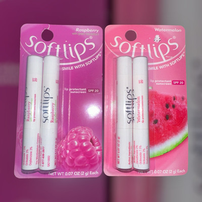 Softlips 2 Twin Packs 1 Raspberry 1 Watermelon 4 lip balms in total New in pack 