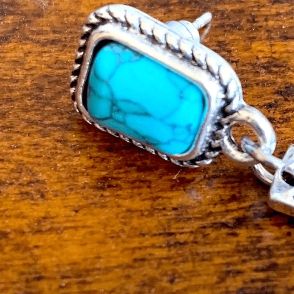 Pendientes colgantes unisex turquesa y plata Southwest se encuentra con estilo geométrico azteca Foto 4 de 4