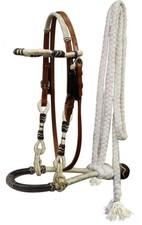 Tan Med Western Headstall Bridle Mecate Bosal Rawhide Showman Bitless Round Brow