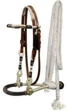 Tan Med Western Headstall Bridle Mecate Bosal Rawhide Showman Bitless Round Brow