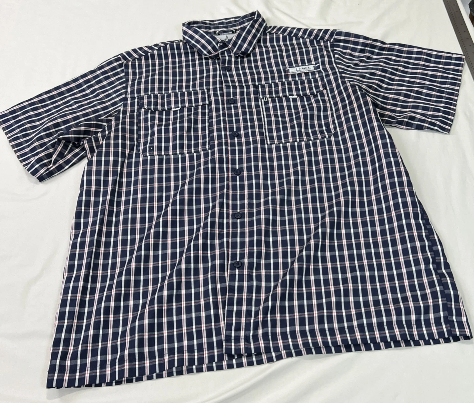 Habit Fishing Shirt Mens XL Blue White Red Plaid Patriotic Vented Breathable EUC