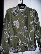 Coldwater Creek Green, Black  White Floral Long Sleeve Lined Jacket, Size PM