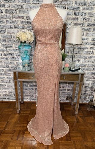 NWOT SHEIN Elegant Sequin Halter Open Back Side Slit Maxi Dress Rose Gold Size M
