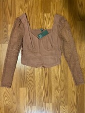NWT Wild Fable M Lace Sleeve Corset Style Bustier Crop Top Smocked Back