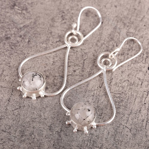 Black Rutile Stone 925 Sterling Silver Wedding Trendy Dangle Ethnic New Earrings - Picture 4 of 7