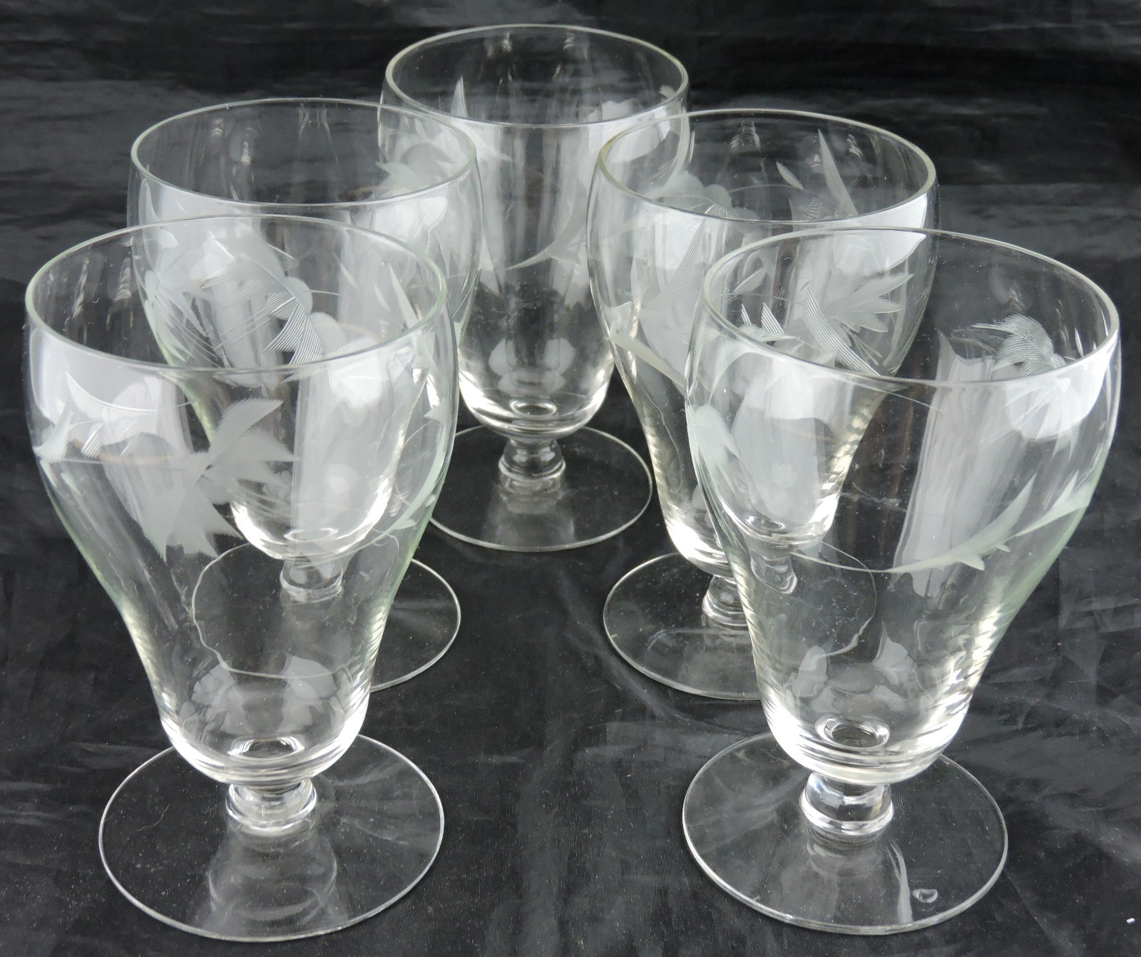 Vintage 5-Piece Flower Etched Glass Set for Wine, Water, or Ice Cream Sundaes