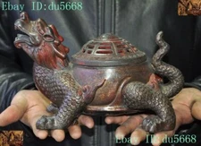 Old China Bronze Gilt eight trigrams Dragon turtle statue Incense burner Censer