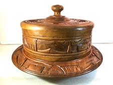 Vintage Hand Carved Wooden Cake Stand w/Dome Cover Lazy Susan