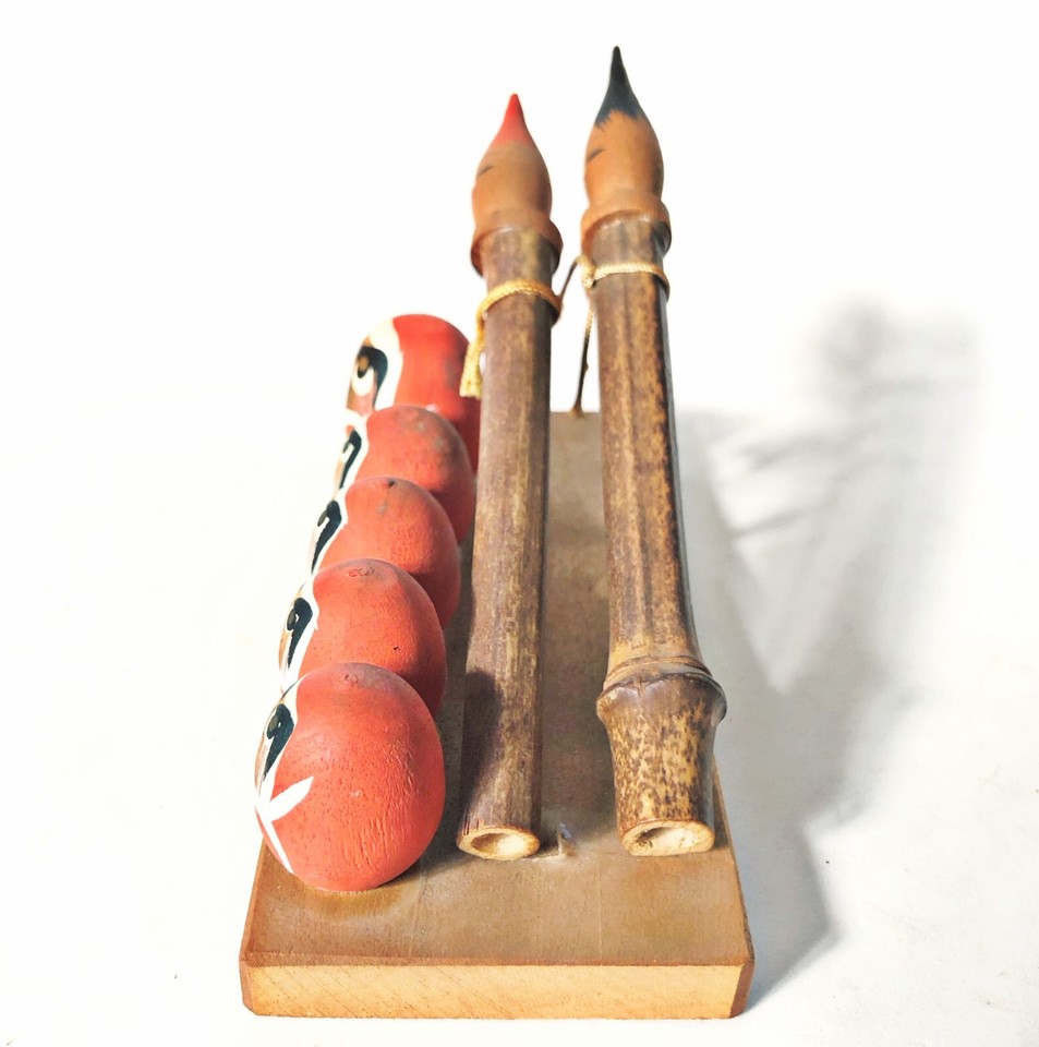 Japanese Daruma Kokeshi Wooden Doll Brush Calligraphy Fortune Good Luck