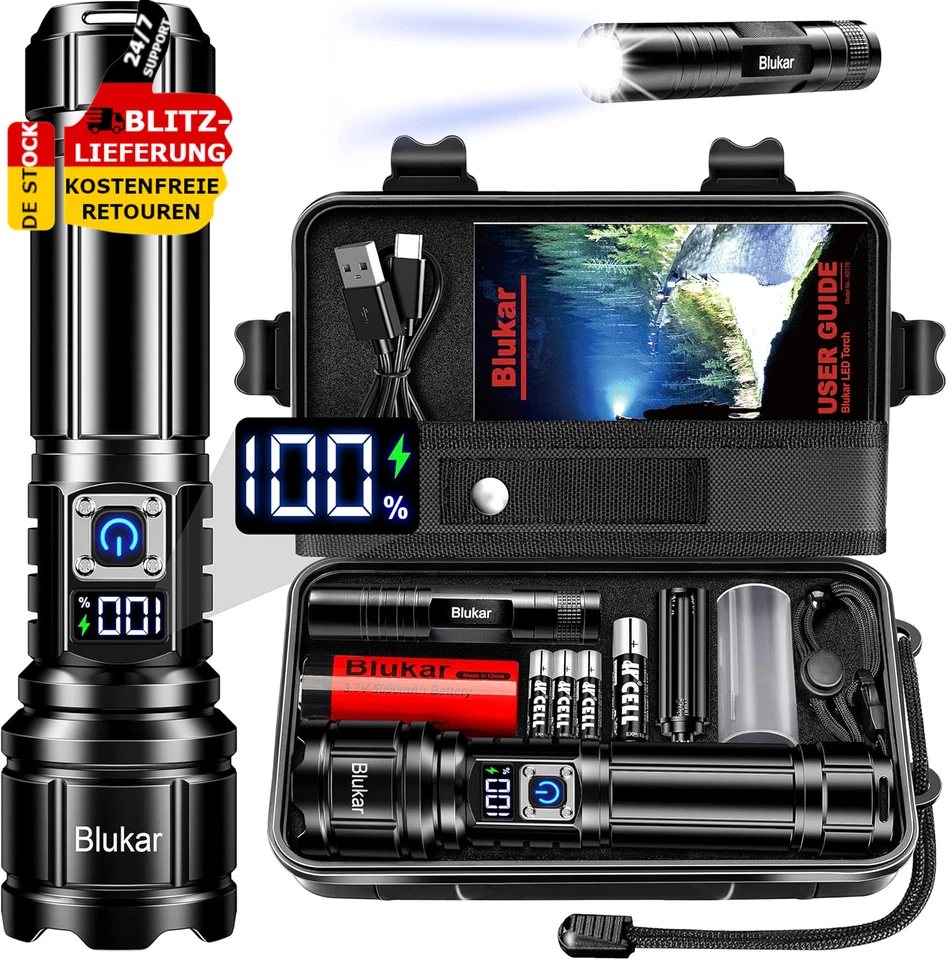 BLUKAR Taschenlampe LED Aufladbar 500000 Lumen 5 Stufen Extrem Hell Zoombare Handlampe