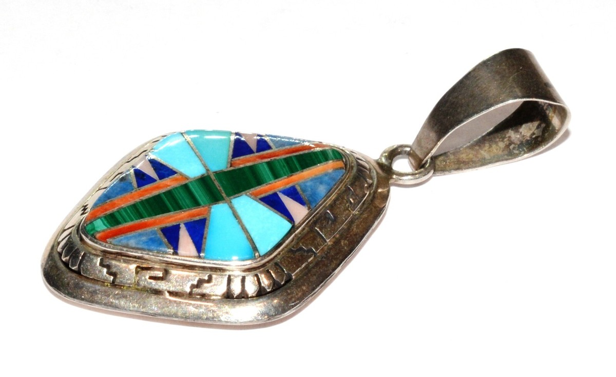 Navajo Native American Sterling Silver Gemstone Inlay Pendant B