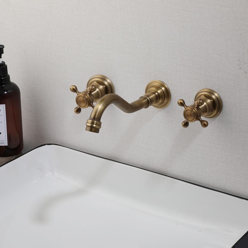 Antique Brass Bathroom Sink Faucet Double Knob Handles Mixer Wall Mount Tub Taps - Picture 8 of 11