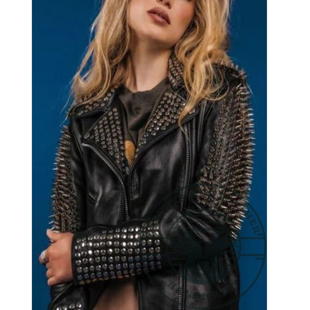Edgy Black Cowhide Leather Jacket with Studs for Women