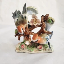 Vintage Waxwing Blue Bird Branch Figurine Spaghetti Grass Flowers Japan AS IS