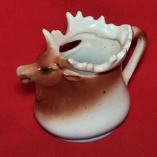 VTG Elk Moose Antlers Ceramic Porcelain Handled Pitcher Creamer Planter Decor