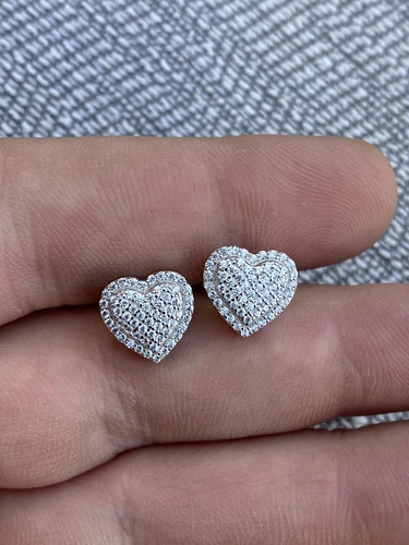 Solid 925 Sterling Silver Iced Heart Stud Earrings Simulated Diamonds Iced - Picture 5 of 11