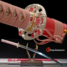 Sharp Pink Japanese Samurai Katana Sword 1095 Steel Clay Tempered Real Hamon