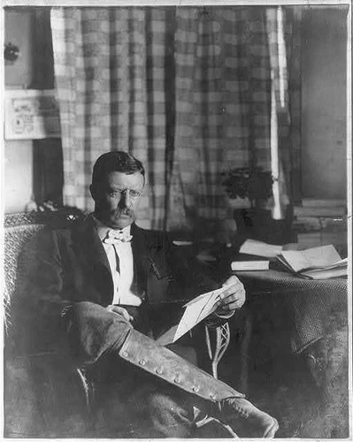 Theodore Roosevelt,President,Teddy,reading,office,books,riding boots,c1903 - Picture 1 of 1