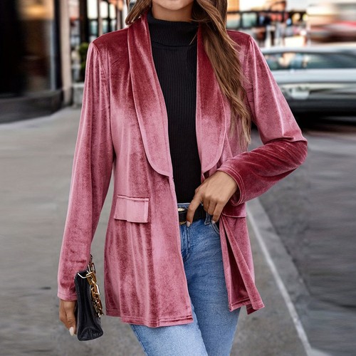 Damen Samt Cardigan Blazer Büro Arbeit Kurzmantel Anzugjacke mit Tasche - Bild 5 von 34