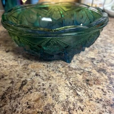 Vintage MCM Jeannette Carnival Glass 7" Green and Blue Flashed Footed Bowl