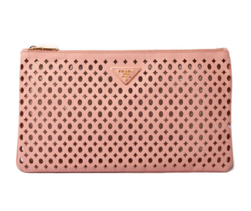 Auth PRADA Logo Clutch Bag Flat Pouch Leather Punching Rose Gold w/Dust bag - Afbeelding 1 van 6