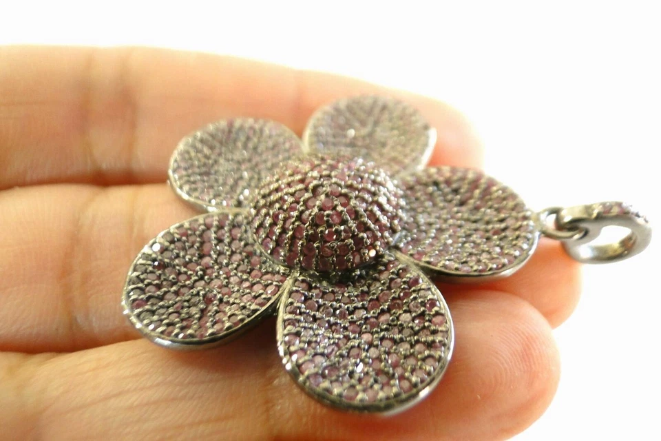 Natural Ruby Flower  Antique Finish 925 Sterling Silver Pendant - Image 3 of 4