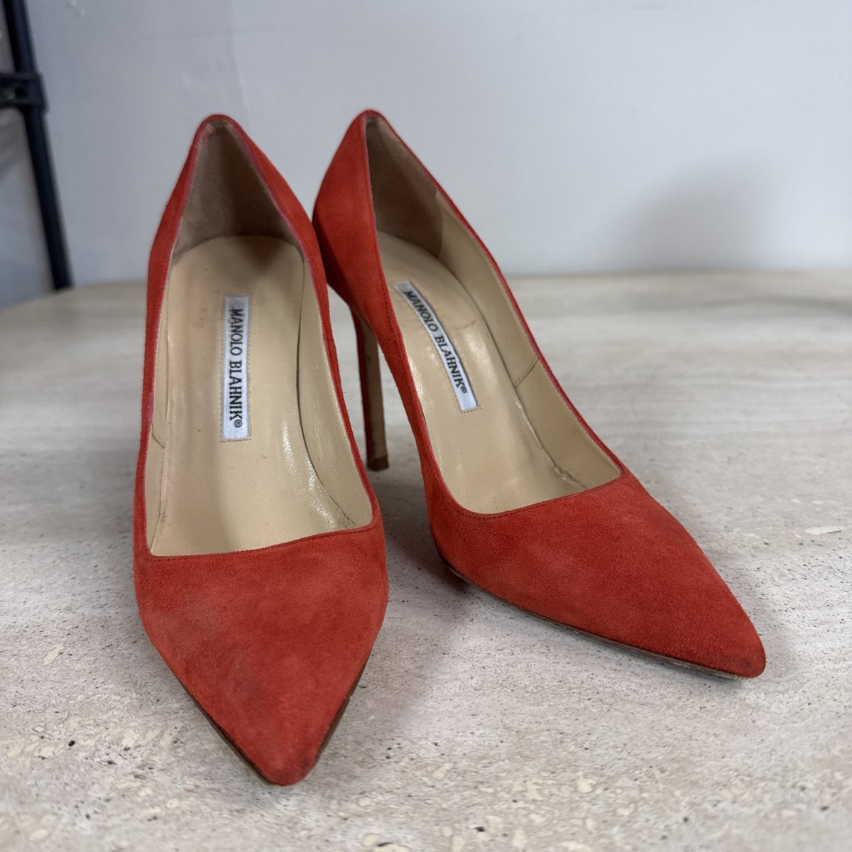 Manolo Blahnik Orange Suede Pointed Toe Heels Size 36.5 | eBay