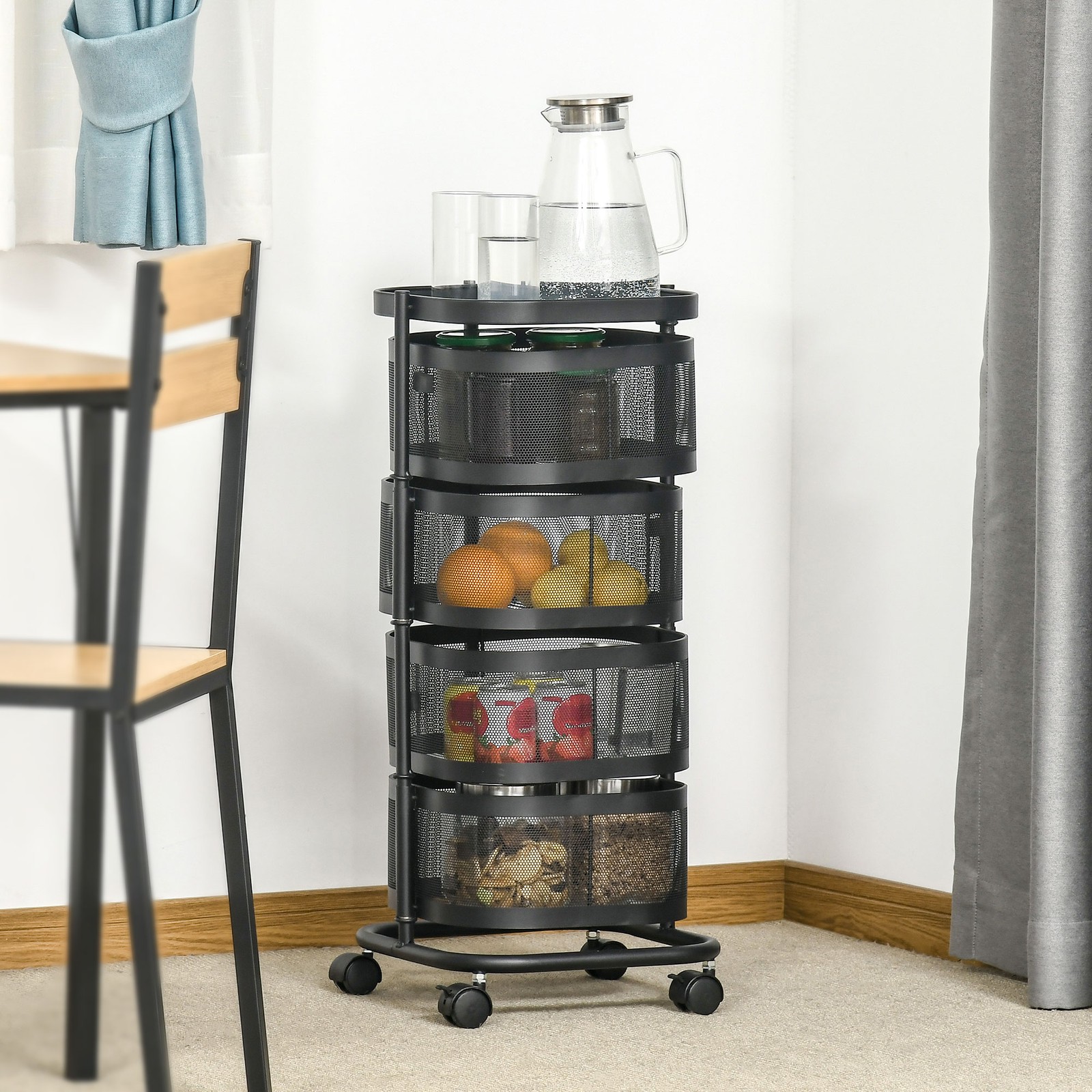 4-Tier Storage Trolley on Wheels with Top Tray, Metal Storage Cart, Black