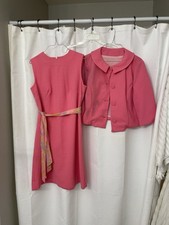 Vintage Pink Tailored Formal Dress Suit with Jacket and Patterned Scarf