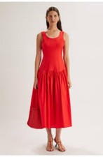 $450 Red Bubble Hem Midi Dress Open Back Crisscross Straps Fit & Flare Sz L