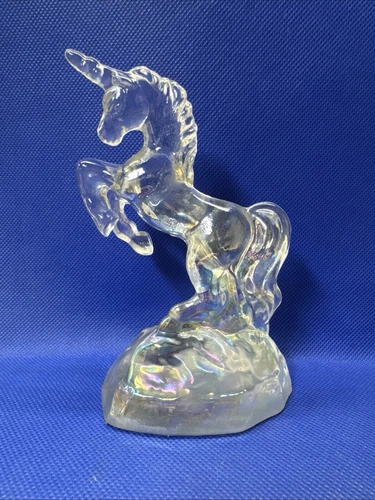Vintage Fenton Mold Unicorn Clear Glass Figure With Iridescent Base Statue 5”
