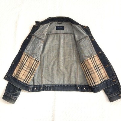 BURBERRY LONDON Denim Jacket Men Vintage Indigo Nova Check Leather