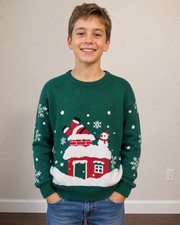 NWT Youth 12 Green Christmas Sweater Santa Snowman Ugly Holiday Pullover Knit