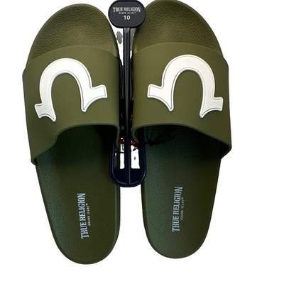 True Religion Men's Slide Sandals Slip-On Green Logo Synthetic Upper US 10