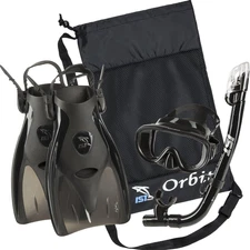 Orbit Snorkeling Gear Set: Tempered Glass Mask, Dry Top Snorkel & Trek Fins for 